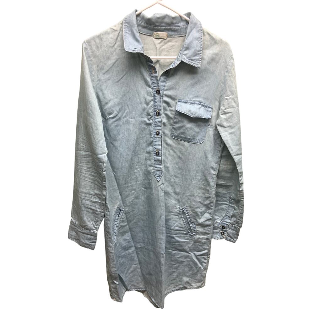 AG Cotton Tencel Chambray Shirt Dress Long Sleeves Pockets Front Button Size L